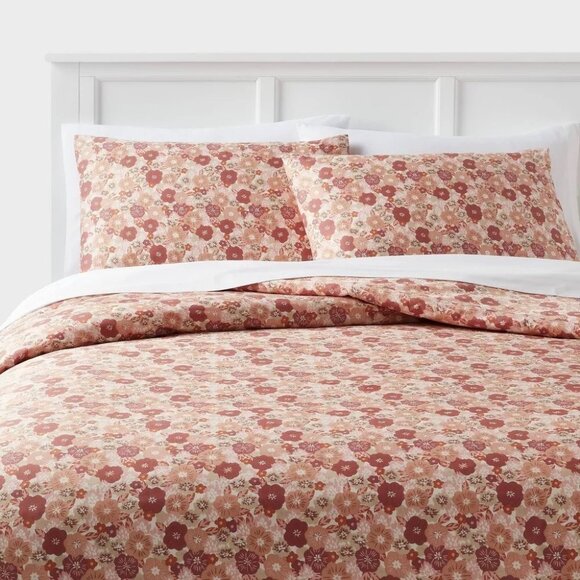 Room Essentials Queen Pink Floral Cotton Blend Sateen Duvet & 2 Sham 3 Pc Set - Picture 1 of 6